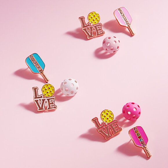 3Pairs - Enamel Pickleball LOVE Stud Earrings Set - BRAND NEW - Hypoallergenic - Picture 1 of 4